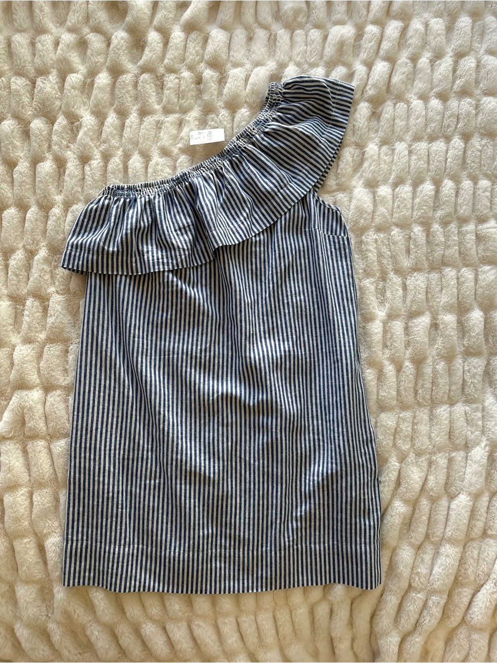 J. Crew One-Shoulder Ruffle Stripe Dress Pockets - Blue/White, Size 12 NWT